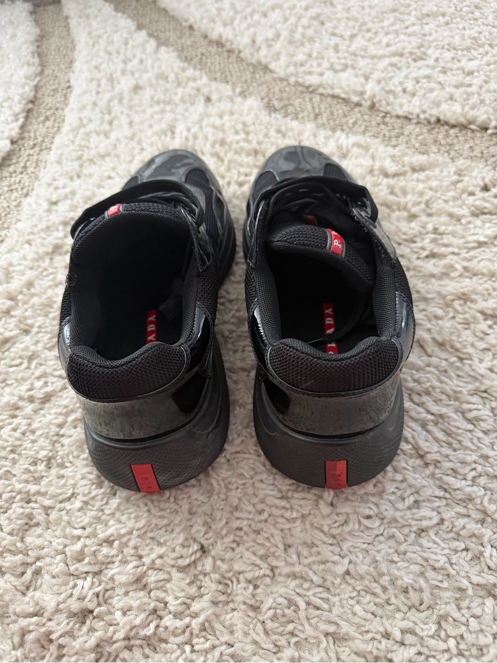 Prada Black Men's Mixed-Material Low-Top Sneakers with Red Logo Tab - Picture 2 of 5